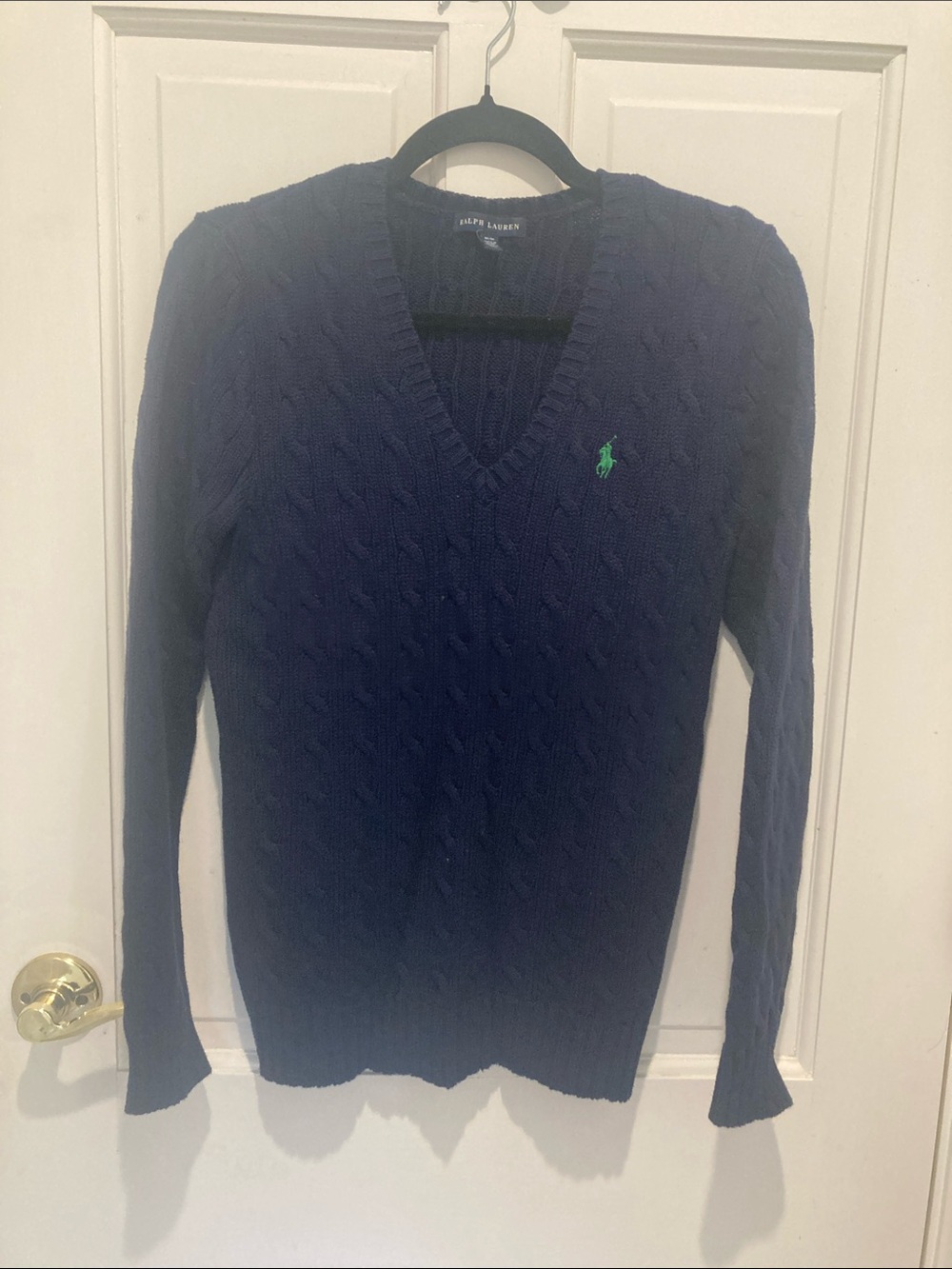 Ralph Lauren Women’s Navy Cable V-Neck Sweater with Green Pony